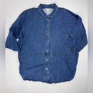 Eileen Fisher Blue Denim Button-Up Shirt Collared 3/4 Roll Tab Sleeve
